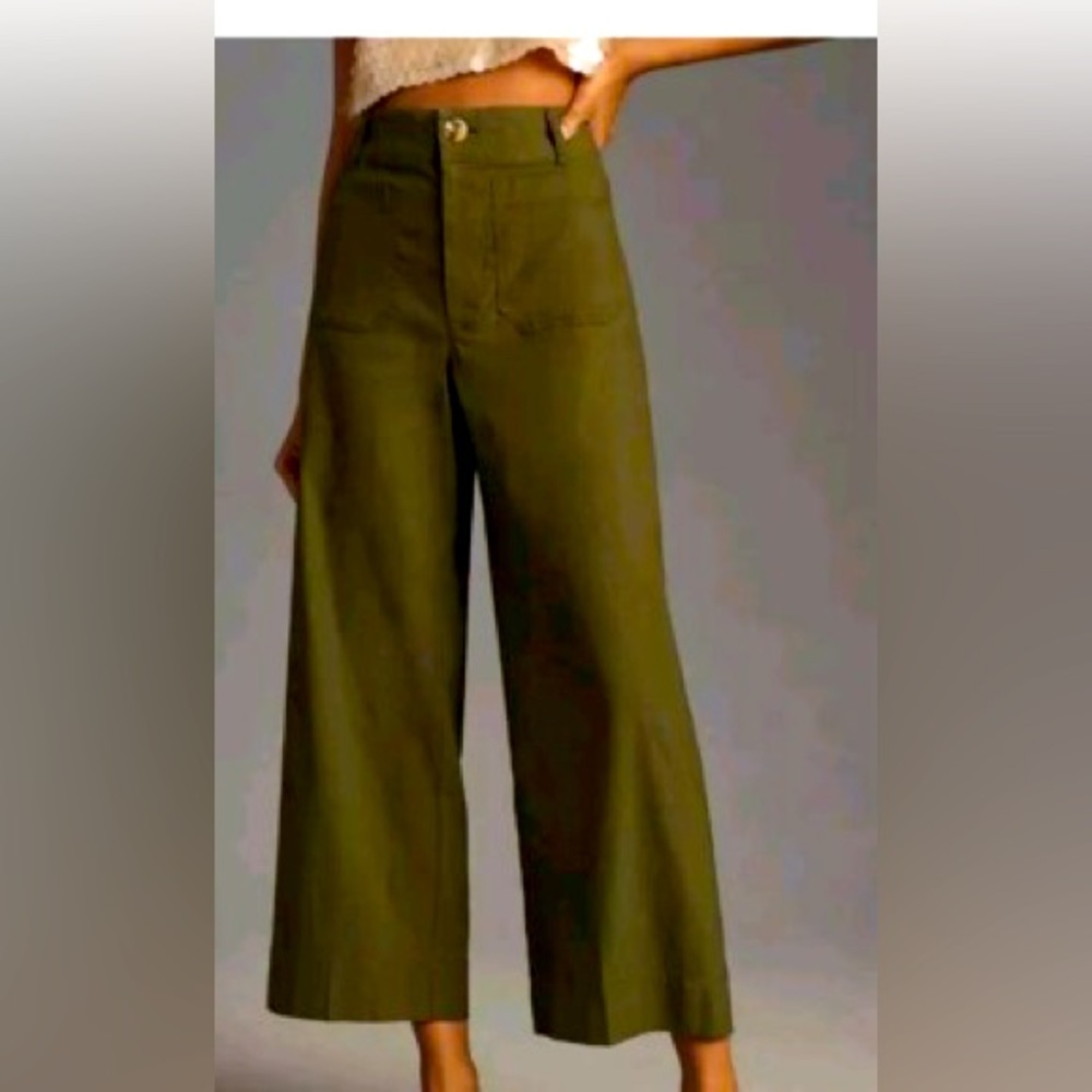 Anthropologie Maeve The Colette Cropped Wide Leg Pants Moss Green Linen Sz 28